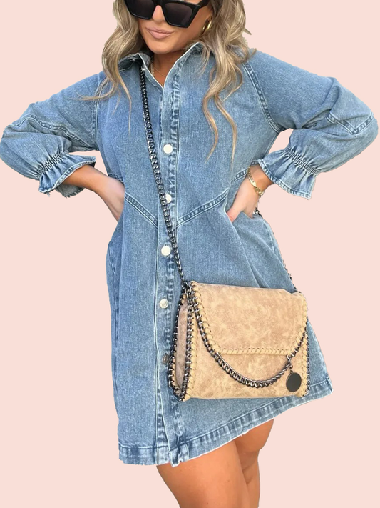 Women's Washed Denim Puff Sleeve Dress (Buy 2 Free Shipping)
