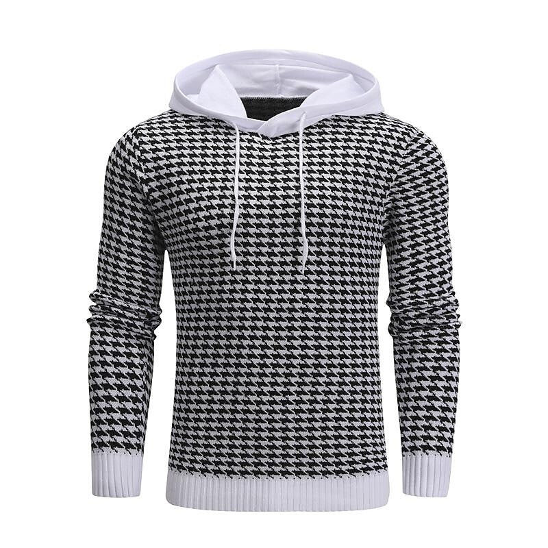 Men's Pullover Jacquard Houndstooth Hooded Sweater Basic Vintage Style