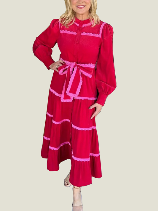 Women's Button Down Scalloped Tiered Corduroy Dress (Buy 2 Free Shipping)