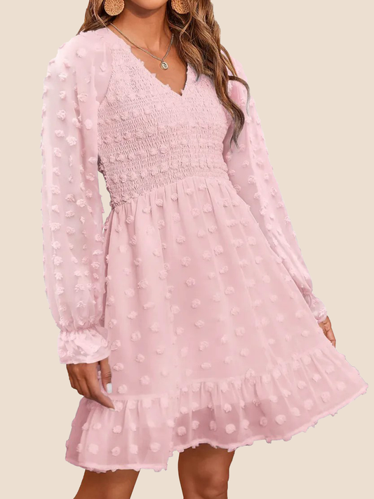 Women's Spring V Neck Swiss Dot Chiffon Mini Dress (Buy 2 Free Shipping)