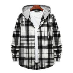 Men's Long Sleeve Flannel Brushed Check Hooded Casual Shirt