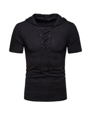 Men's Lace-up Short Sleeve Hooded T-shirt