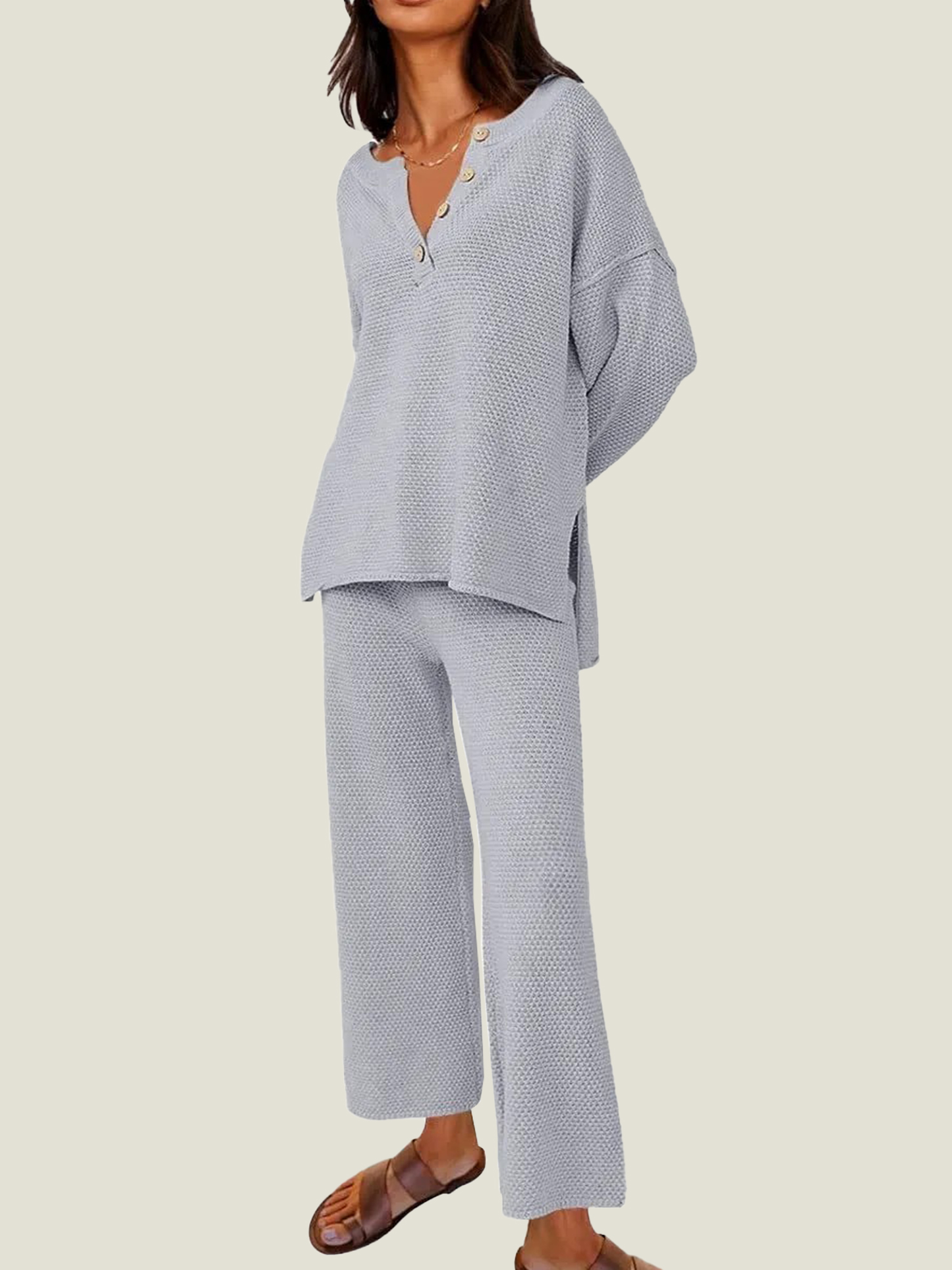 Button Knit Sweater 2-Piece Loungewear Set (Buy 2 Free Shipping)