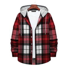Men's Long Sleeve Flannel Brushed Check Hooded Casual Shirt
