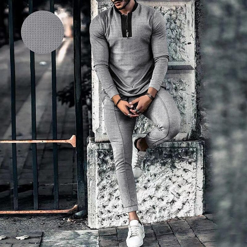 Men's Half Zip Texture Stretch Baseball Collar Long Sleeve Tracksuit