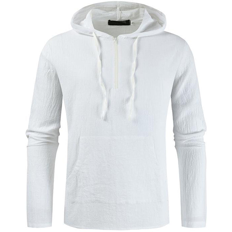 Men's Solid Color Cotton Linen Long-sleeved Half Zipper Pullover Shirt