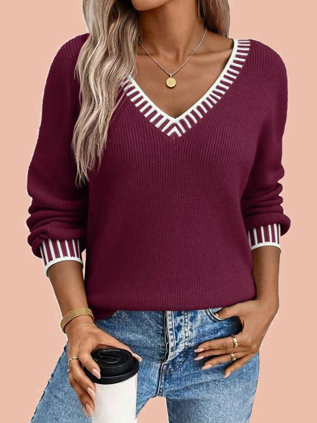 Women's V neck Long Sleeve Pullover Sweaters (Buy 2 Free Shipping)
