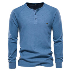 Men's Solid Waffle Raglan Sleeve Henley Collar T-Shirt