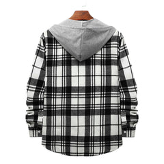 Men's Long Sleeve Flannel Brushed Check Hooded Casual Shirt