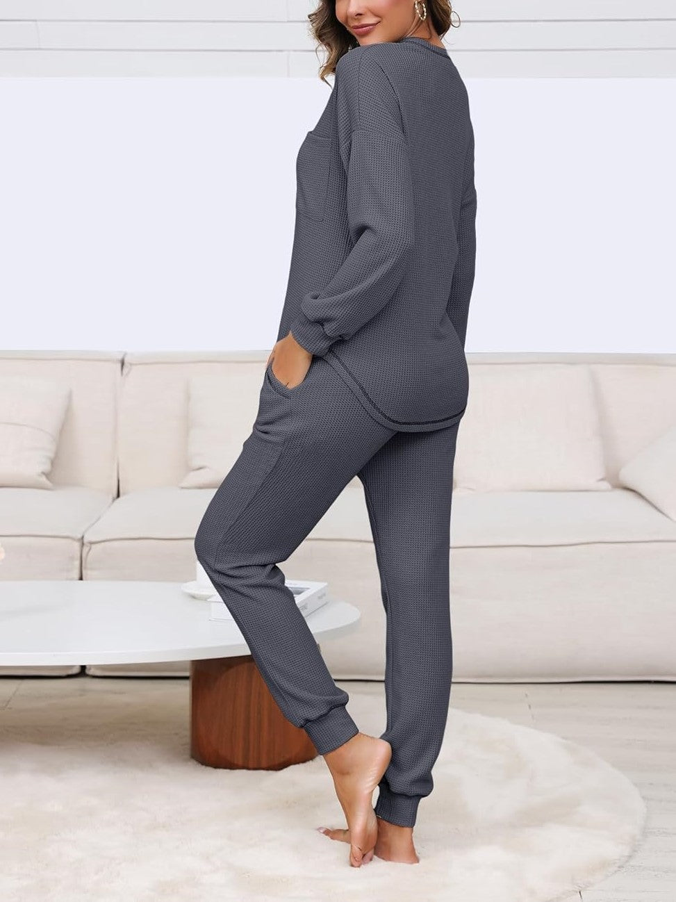 Women's V Neck Waffle Knit Two Piece Lounge Sets (Buy 2 Free Shipping)