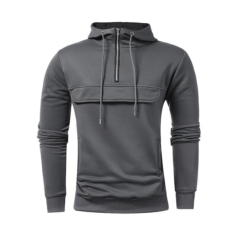 Men's Half Zip Pocket Solid Color Casual Sports Drawstring Hoodie