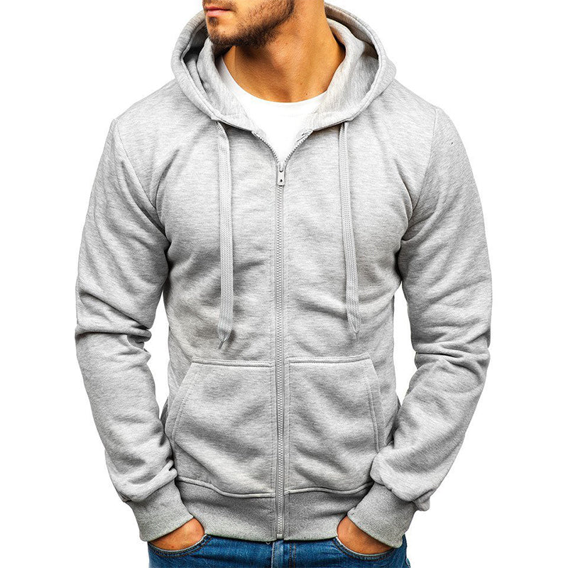 Men's Solid Color Zip-up Drawstring Hoodie Sweatshirt Sports & Outdoor Casual Basic