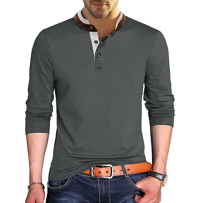 Men's Henley Solid Color Patchwork Long Sleeve T-Shirt