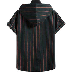 Men's Casual Hooded Striped Print Short-sleeved Shirt