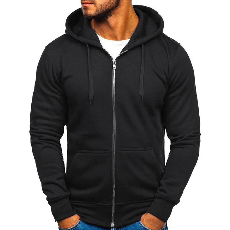 Men's Solid Color Zip-up Drawstring Hoodie Sweatshirt Sports & Outdoor Casual Basic
