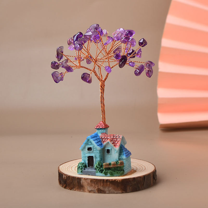 Natural Crystal Small House Shaped Fortune Tree
