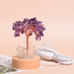 White Lamp Holder USB Natural Crystal Fortune Tree