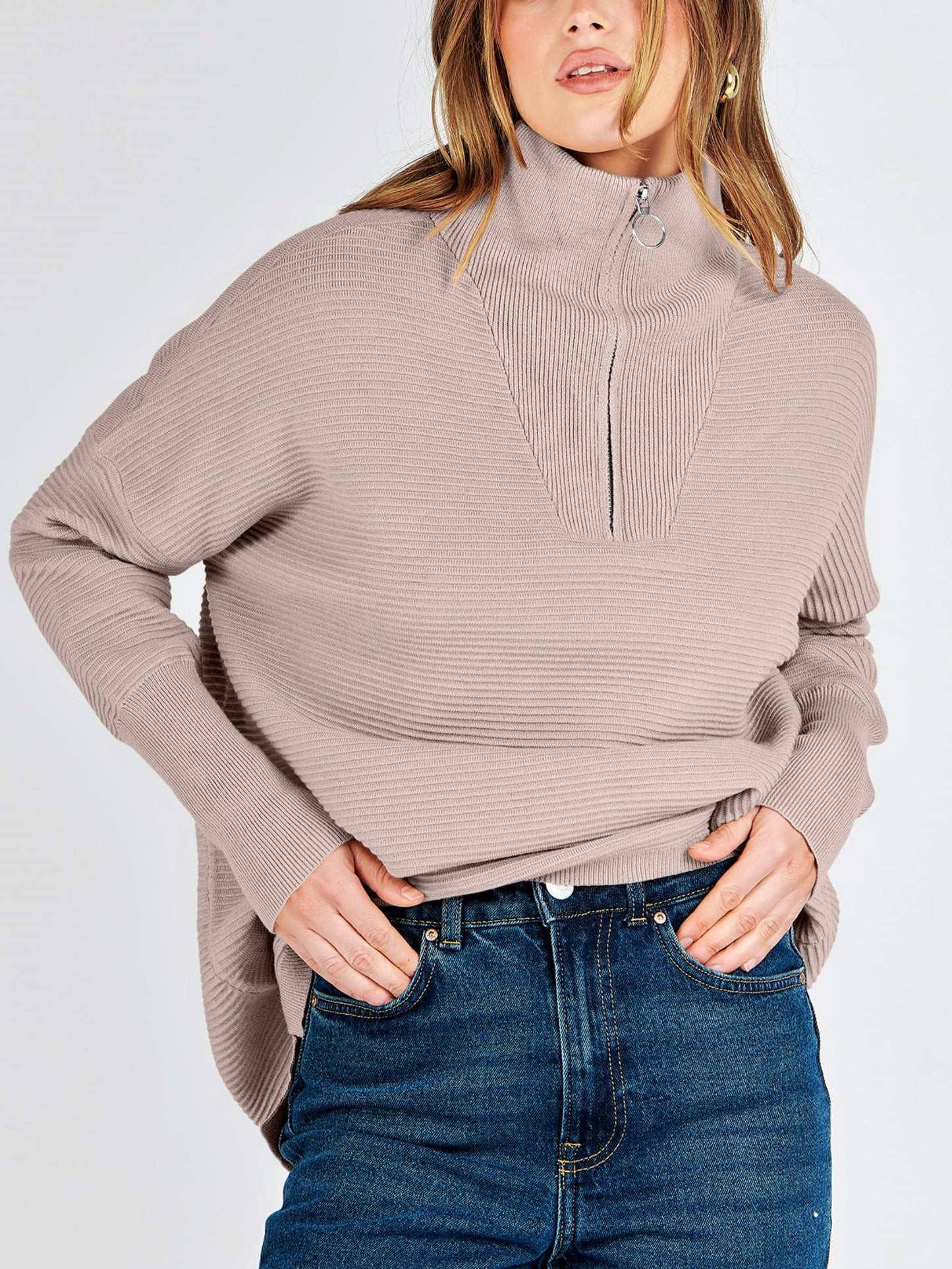 Women's Quarter Zip Rib Knit Cozy Pullover Sweaters  (Buy 2 Free Shipping)
