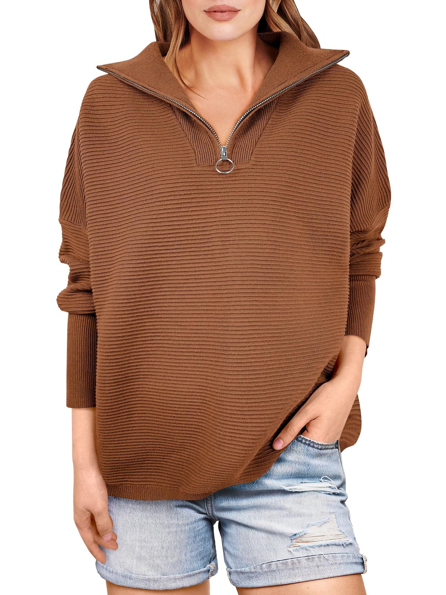 Women's Quarter Zip Rib Knit Cozy Pullover Sweaters  (Buy 2 Free Shipping)