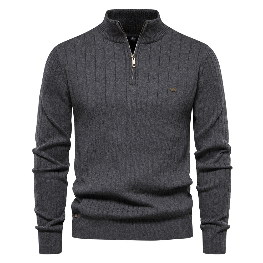 Men's Casual Cotton Half Zipper Stand Collar Pullover Sweater