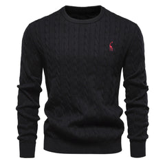Men's Round Neck Twist Patterned Giraffe Embroidery Sweater