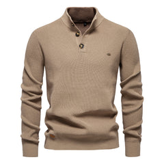 Men's Mock Neck Button-Up Cotton Pullover Sweater