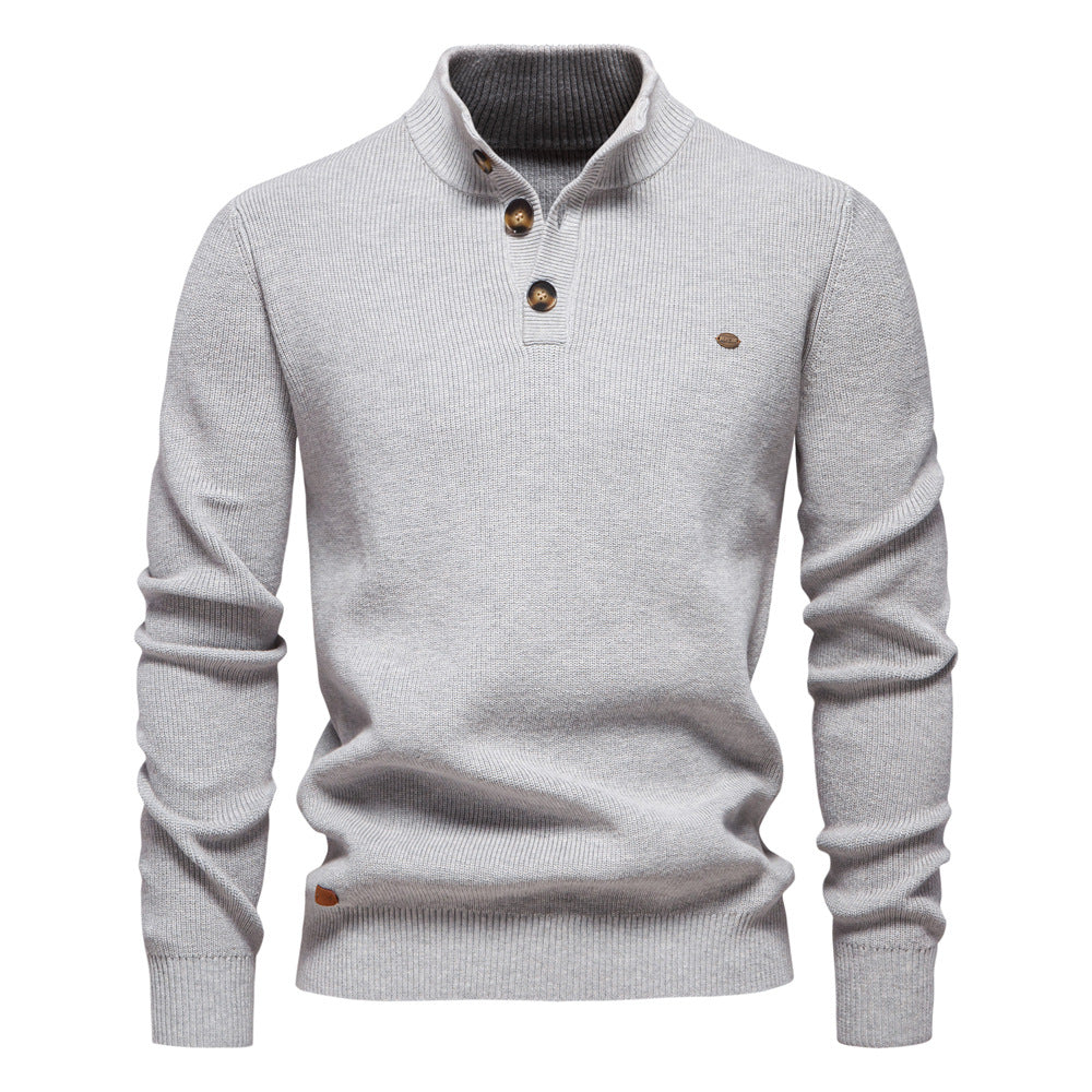 Men's Mock Neck Button-Up Cotton Pullover Sweater