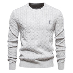 Men's Round Neck Twist Patterned Giraffe Embroidery Sweater