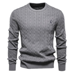Men's Round Neck Twist Patterned Giraffe Embroidery Sweater