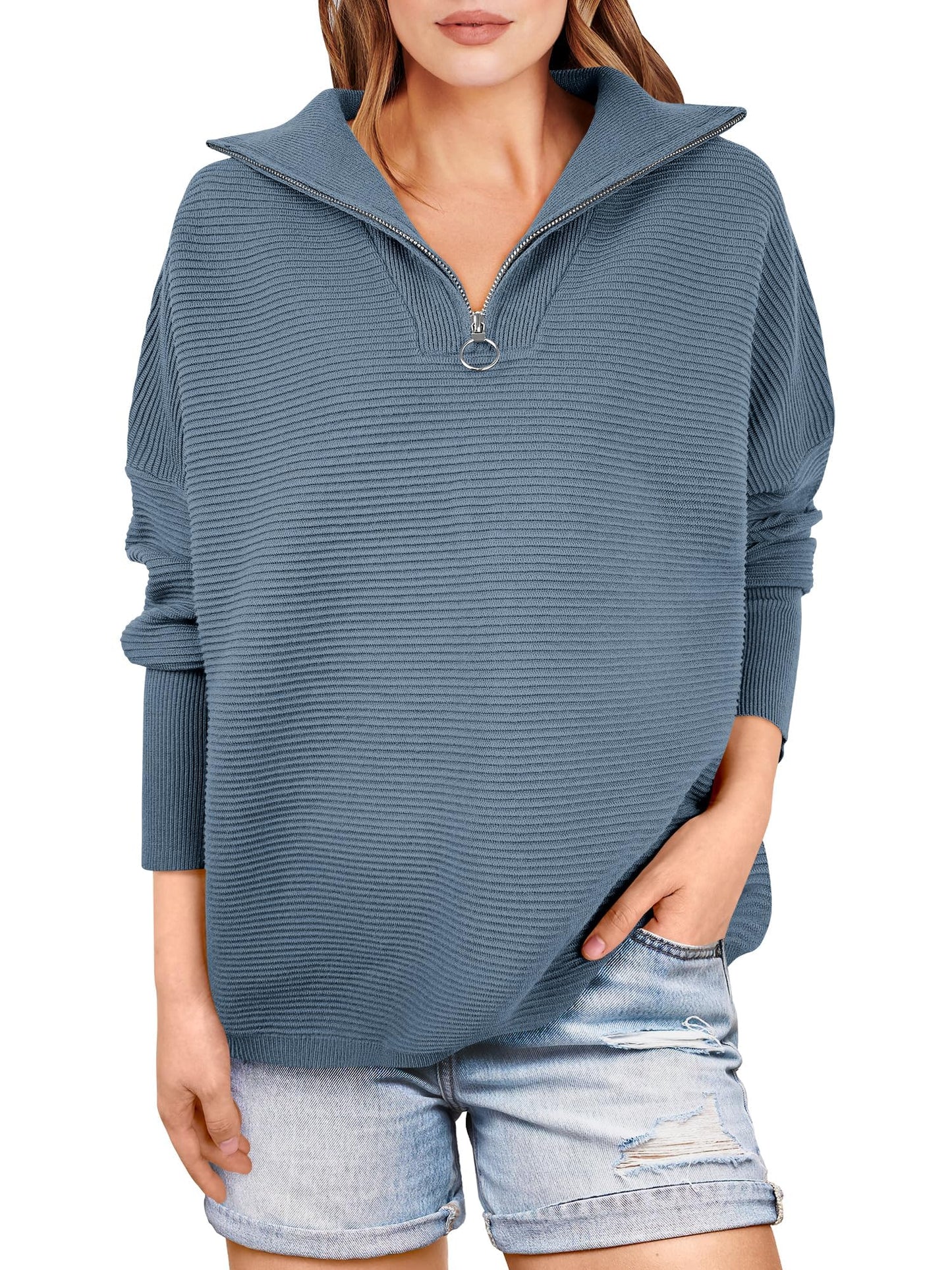 Women's Quarter Zip Rib Knit Cozy Pullover Sweaters  (Buy 2 Free Shipping)