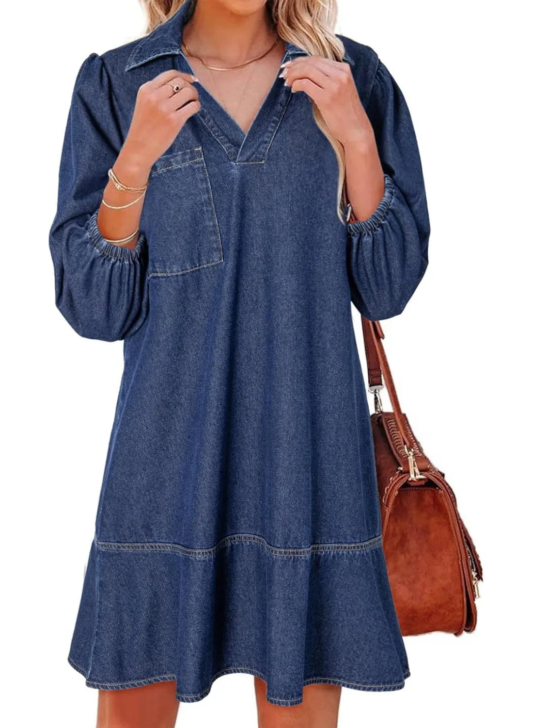 Women's V-Neck Puff Sleeve Denim Layered Dress (Buy 2 Free Shipping)