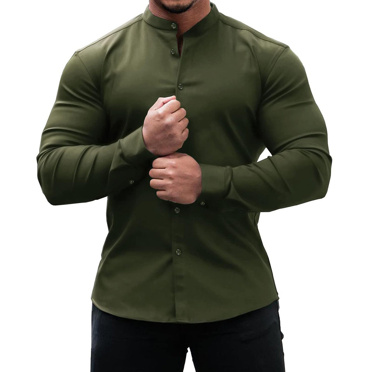 Men's Solid Color Stand Collar Slim Fit Stretch Long Sleeve Shirt