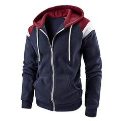 Men's Hooded Patchwork Drawstring Zip Sweatshirt Casual Retro