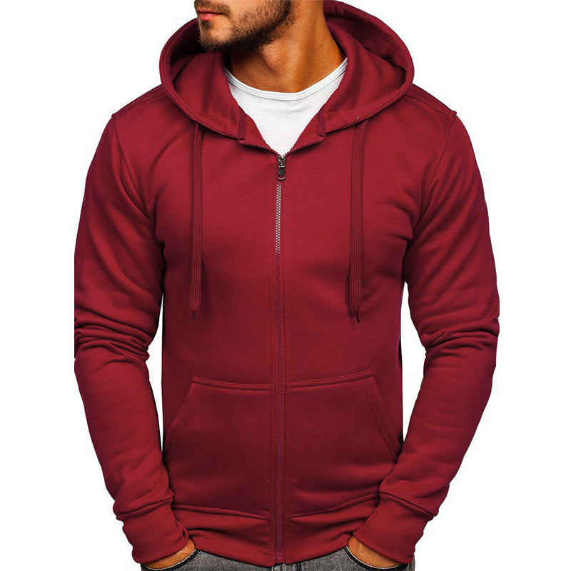 Men's Solid Color Zip-up Drawstring Hoodie Sweatshirt Sports & Outdoor Casual Basic