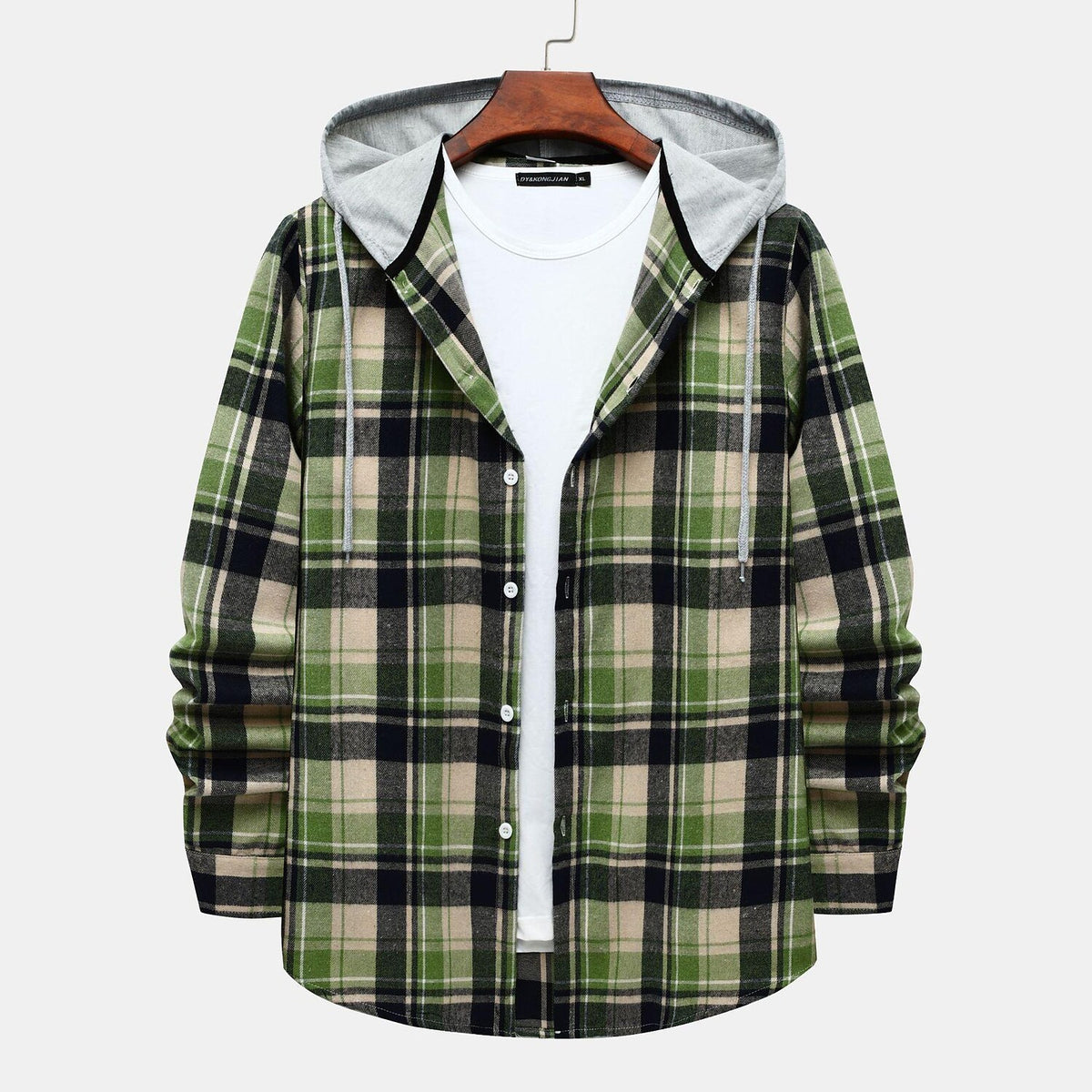 Men's Long Sleeve Flannel Brushed Check Hooded Casual Shirt Green Khaki