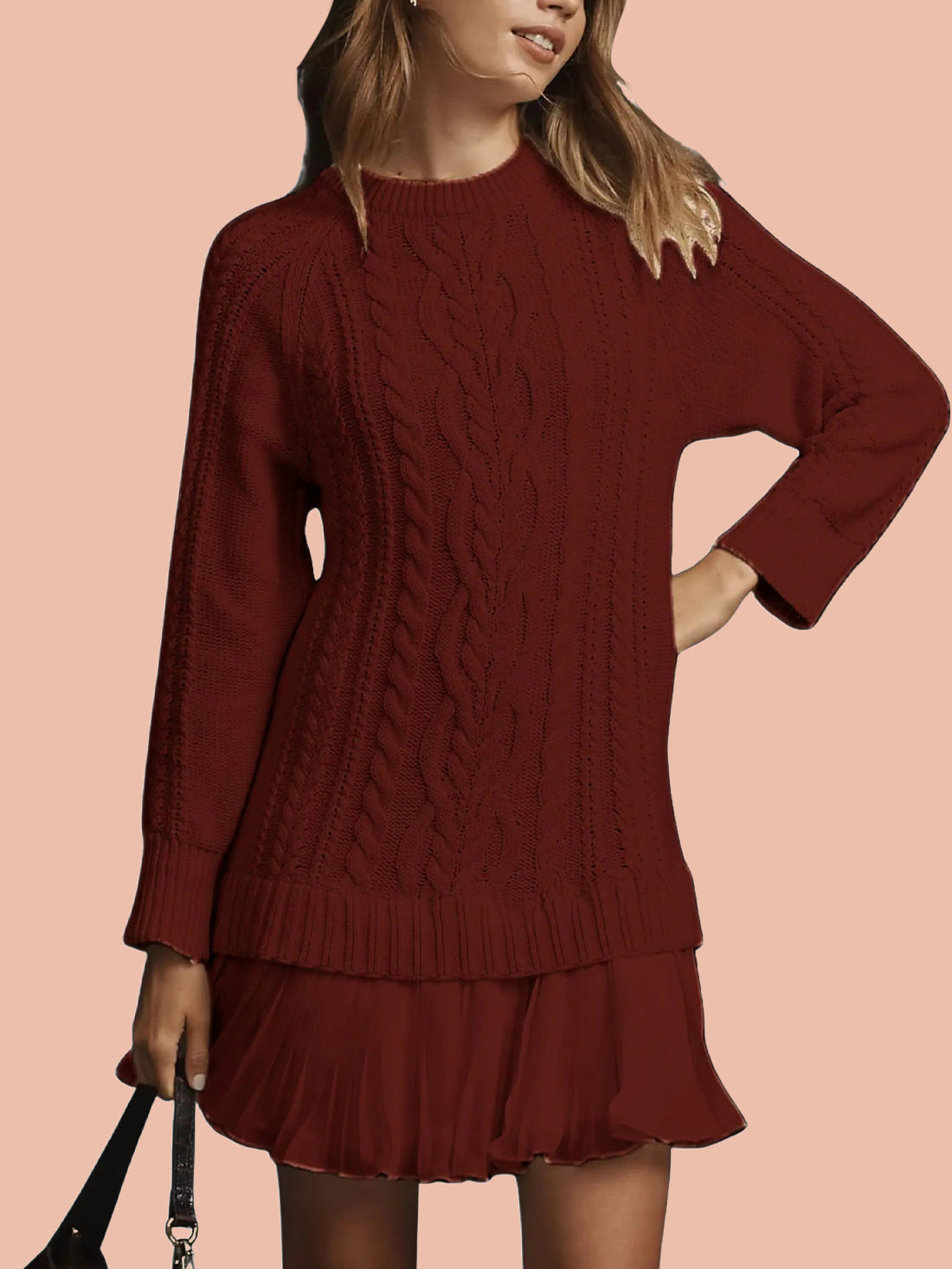 Women's Crewneck Cable Knit Sweater Mini Dress (Buy 2 Free Shipping)