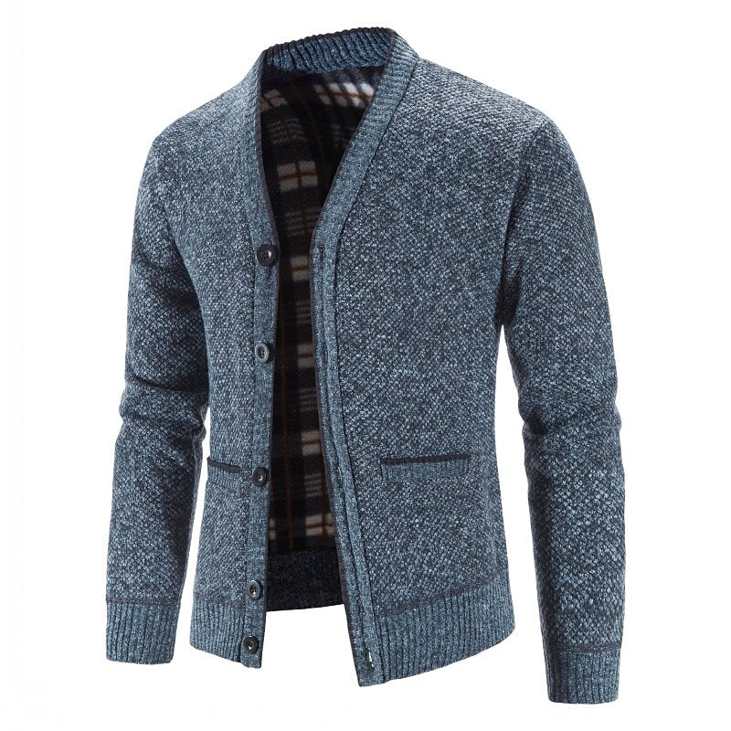 Men's Knitted V-Neck Button Down Cardigan Sweater With Flannel Lining And Pockets