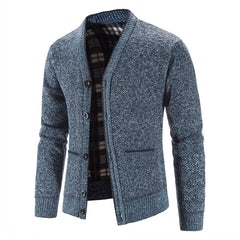 Men's Knitted V-Neck Button Down Cardigan Sweater With Flannel Lining And Pockets
