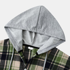 Men's Long Sleeve Flannel Brushed Check Hooded Casual Shirt Green Khaki