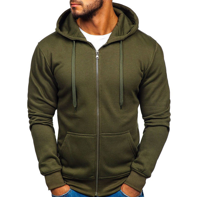 Men's Solid Color Zip-up Drawstring Hoodie Sweatshirt Sports & Outdoor Casual Basic