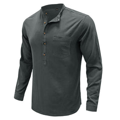 Men's Henley Collar Cotton Linen Long Sleeve Shirt