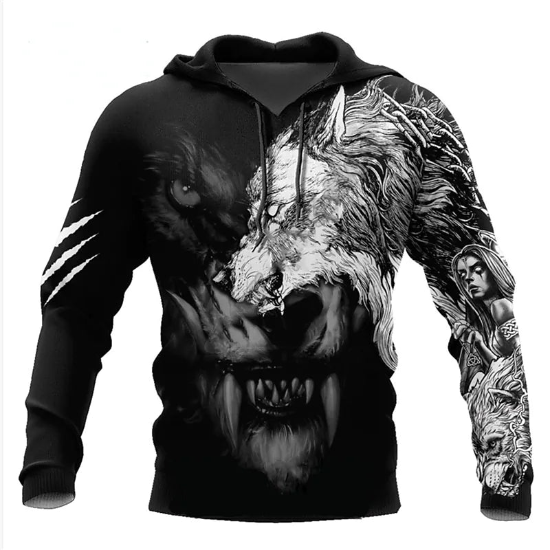 Men's Graphic Prints Wolf Front Pocket Pullover Hoodie Sweatshirt