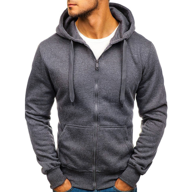 Men's Solid Color Zip-up Drawstring Hoodie Sweatshirt Sports & Outdoor Casual Basic