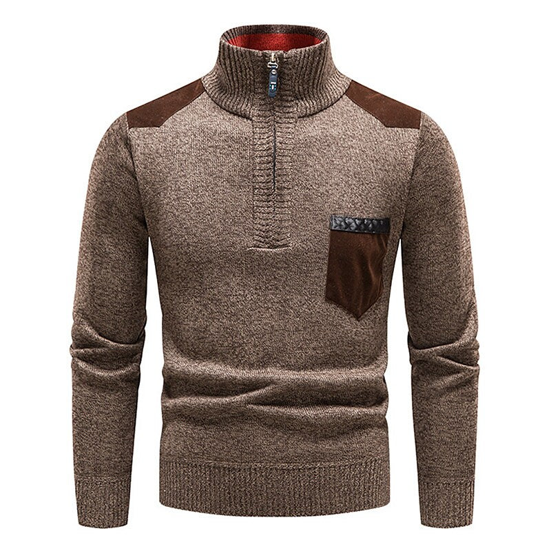 Men's Stand Collar Color Block Half Zip Fleece Pullover Sweater