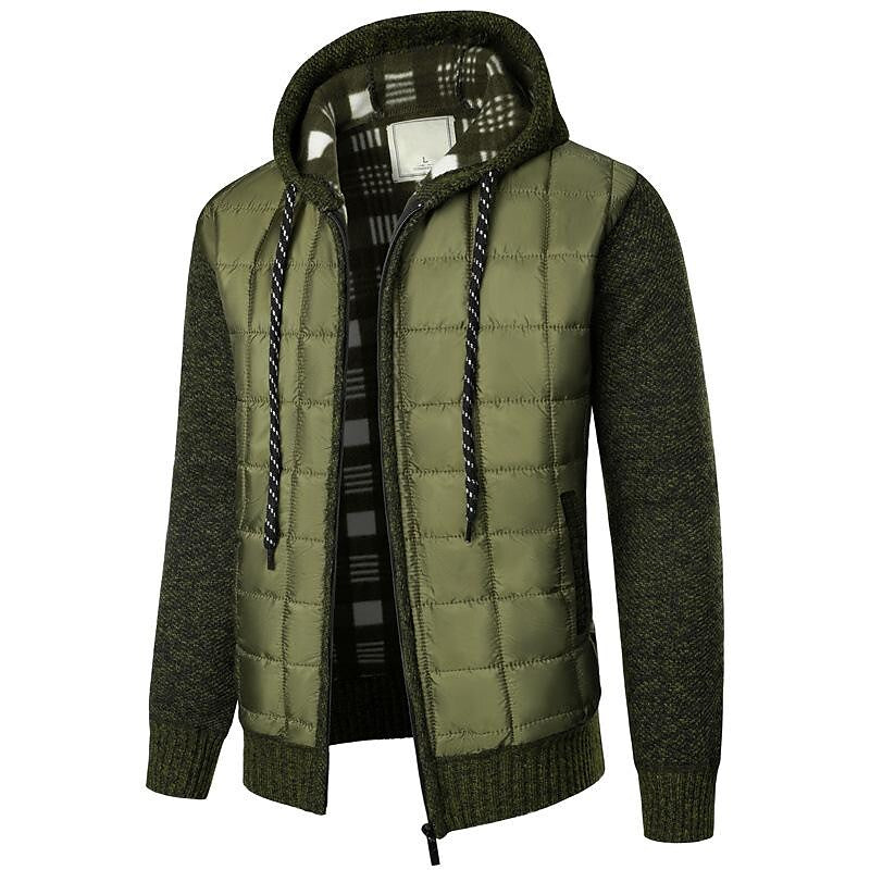 Men's Fleece Padded Patchwork Zipper Hooded Cardigan