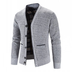 Men's Knitted V-Neck Button Down Cardigan Sweater With Flannel Lining And Pockets