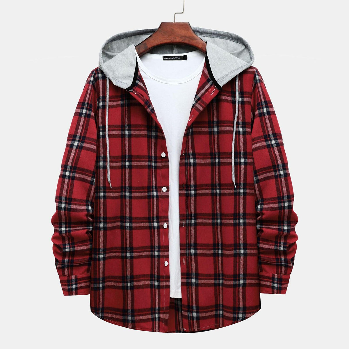 Men's Long Sleeve Flannel Brushed Check Hooded Casual Shirt Red Blue