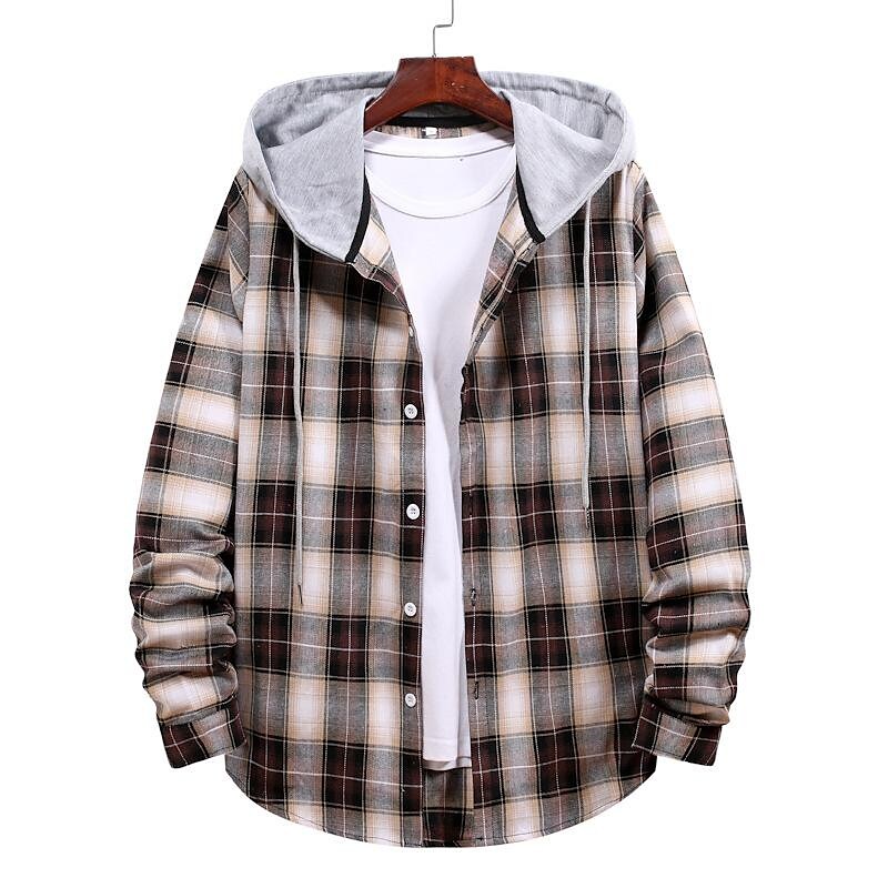 Men's Long Sleeve Flannel Brushed Check Hooded Casual Shirt Blue Brown