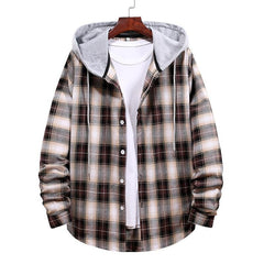Men's Long Sleeve Flannel Brushed Check Hooded Casual Shirt Blue Brown