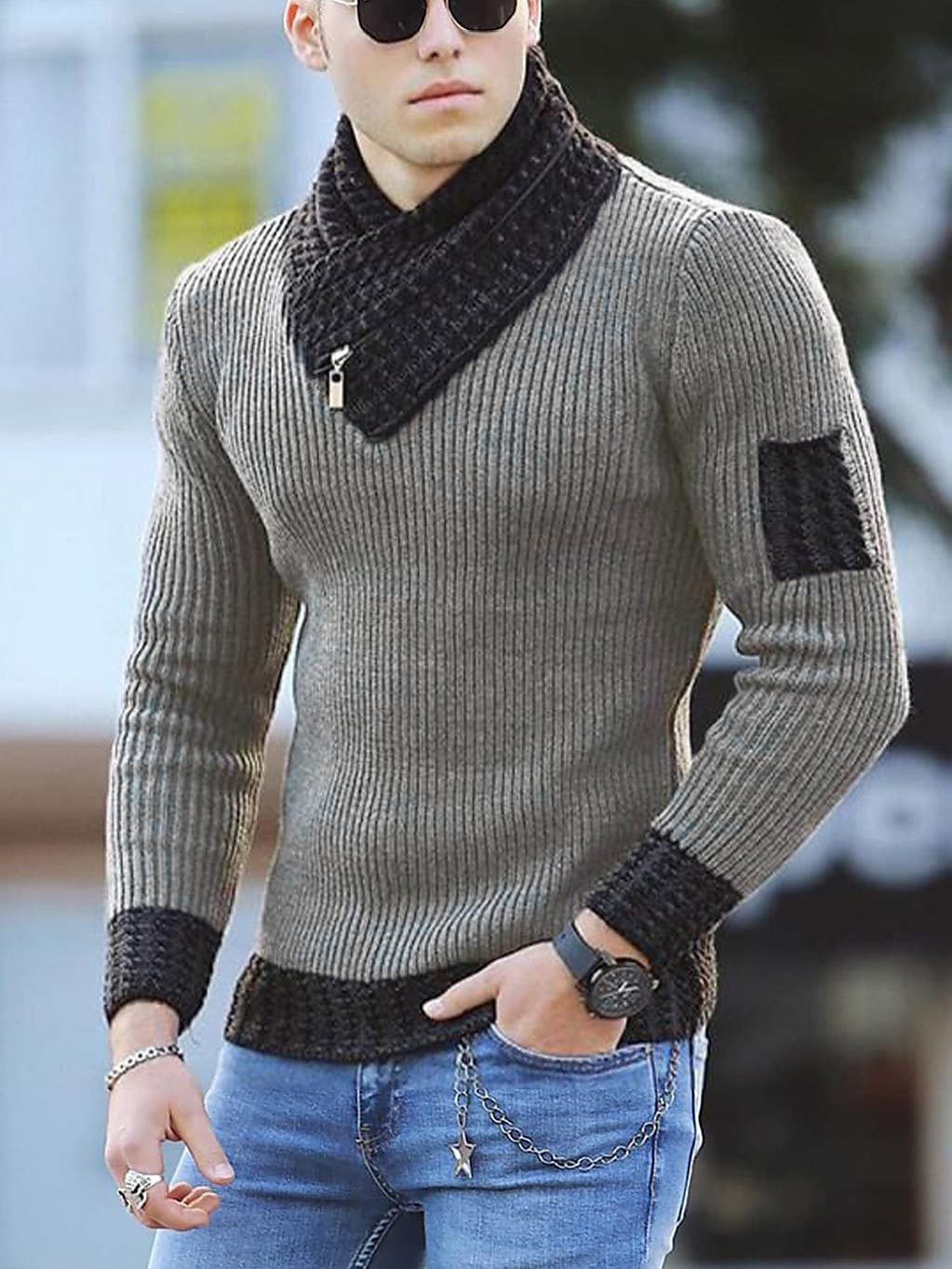 Men's Pullover Color Block Ethnic Style Turtleneck Sweater